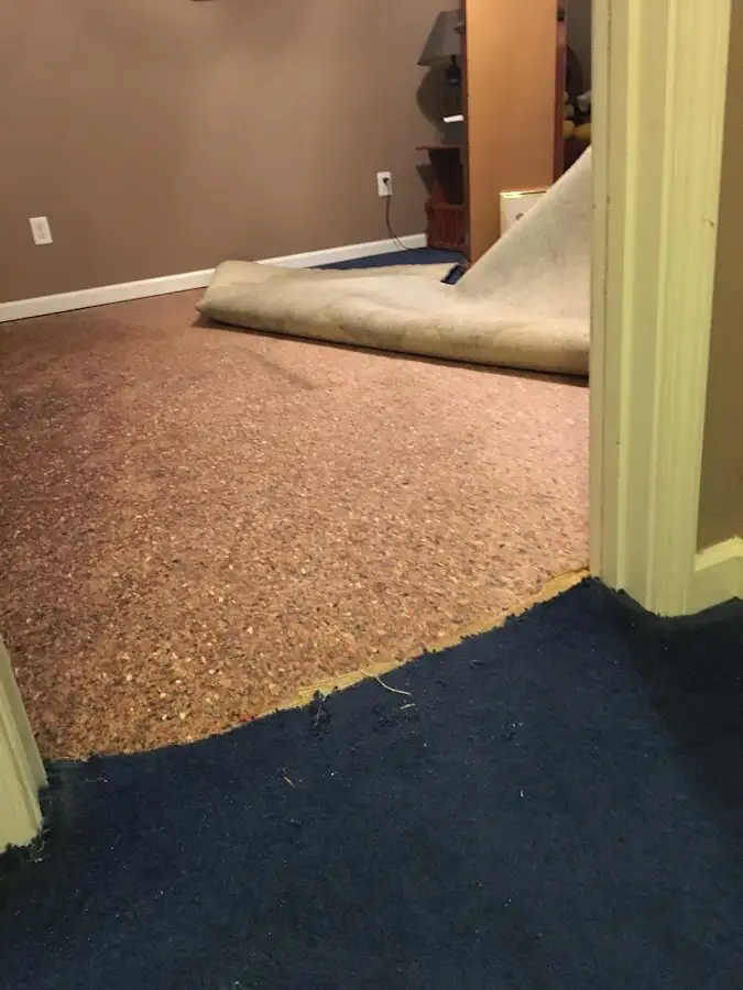 Carpet pad removal revealing water damage during Drying & Dehumidification in Venersborg